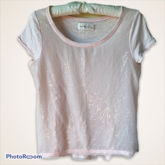 Abercrombie and Fitch Pink with Clear Sequin Short Sleeve Top Size Small - Picture 1 of 5